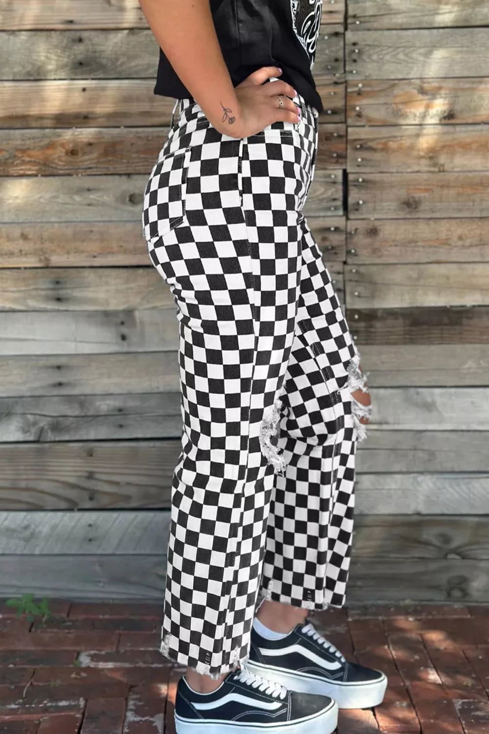 Checkerboard Print Distressed Holes Raw Edge Cropped Jeans