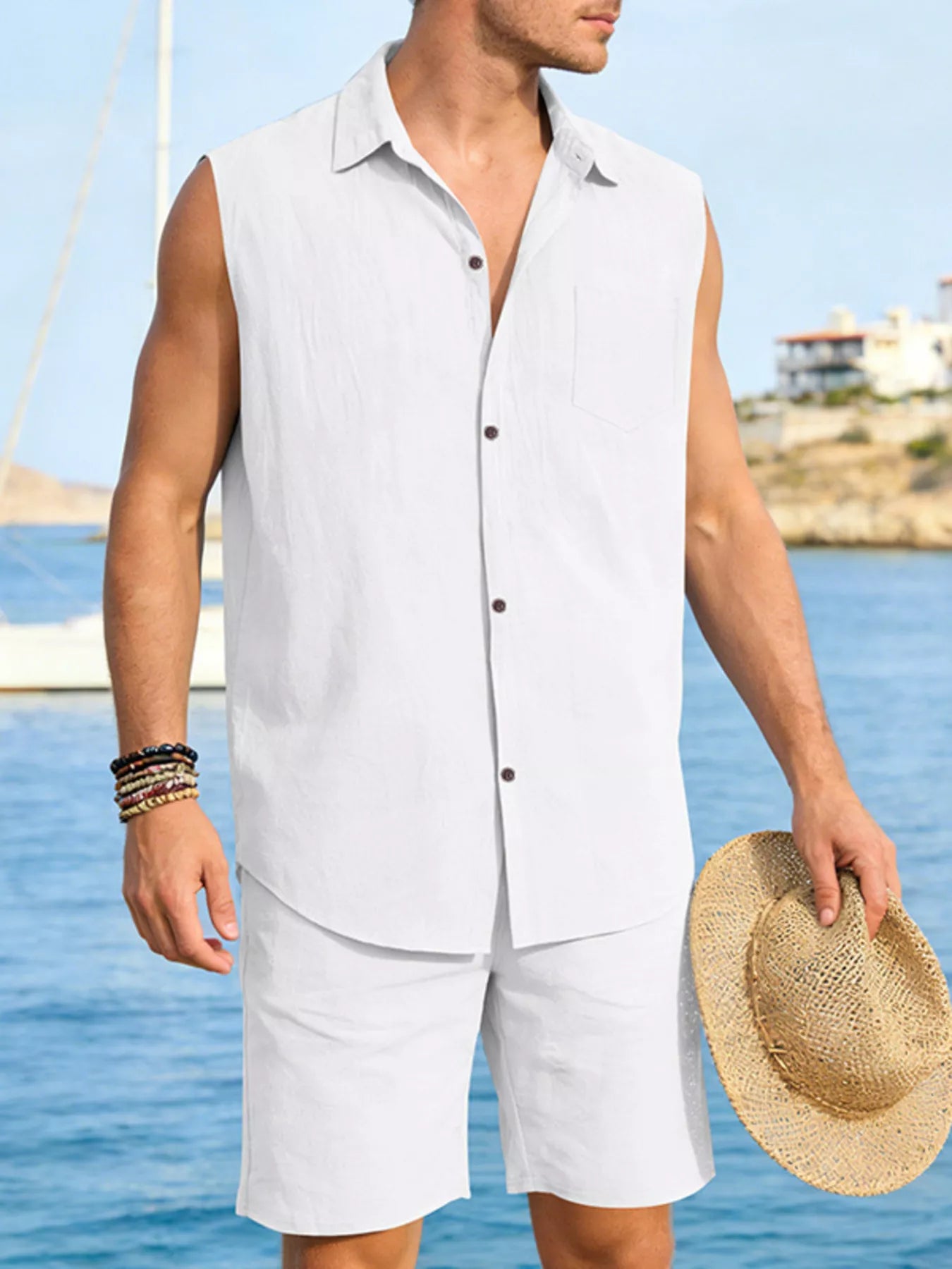 Men's Full Size Button Up Sleeveless Top and Shorts Plus Size