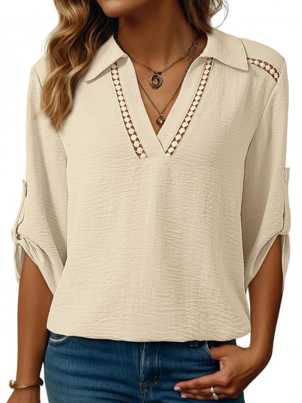 Johnny Collar Roll-Up Sleeve Blouse