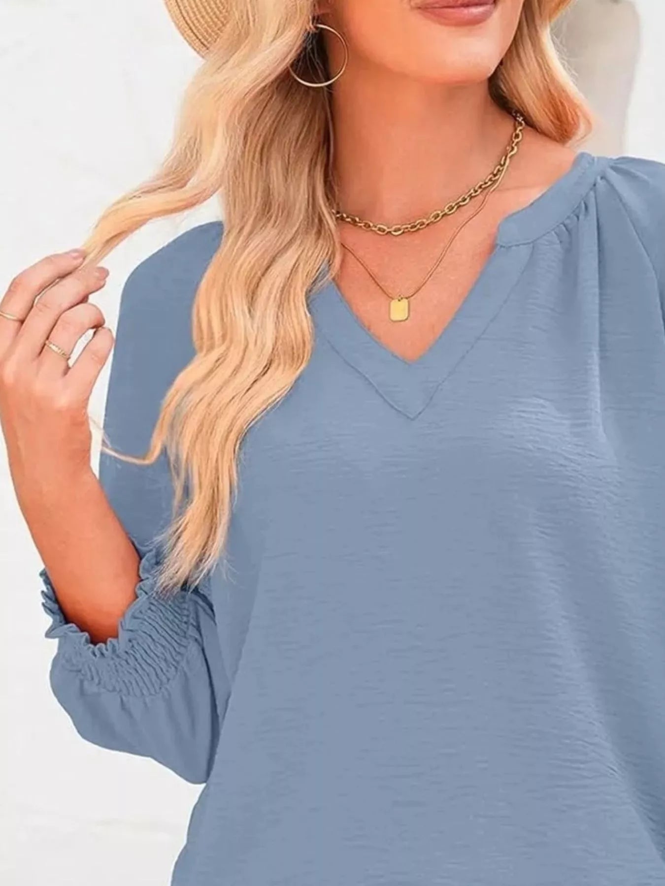 Solid Color Smocked Long Sleeve Blouse