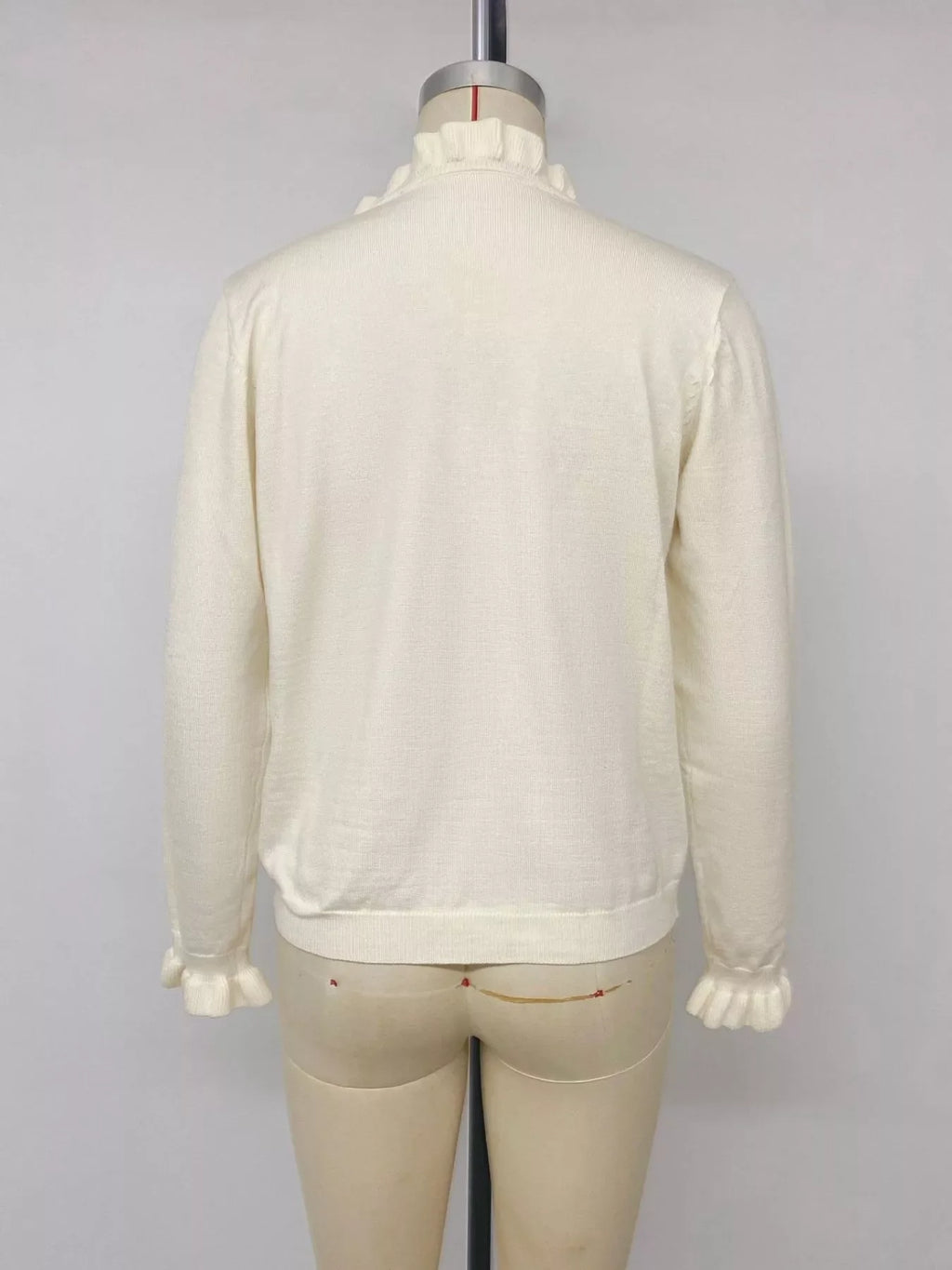 Ruffle Trim Pearl Button V-Neck Knit Top