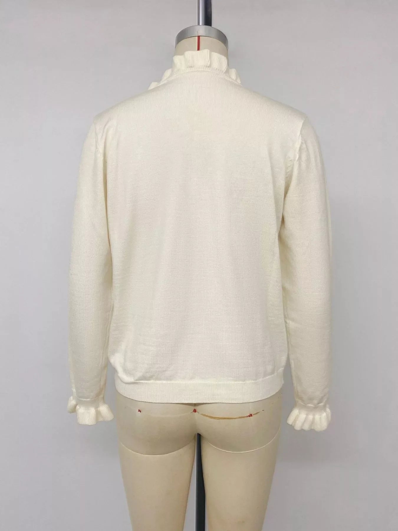 Ruffle Trim Pearl Button V-Neck Knit Top