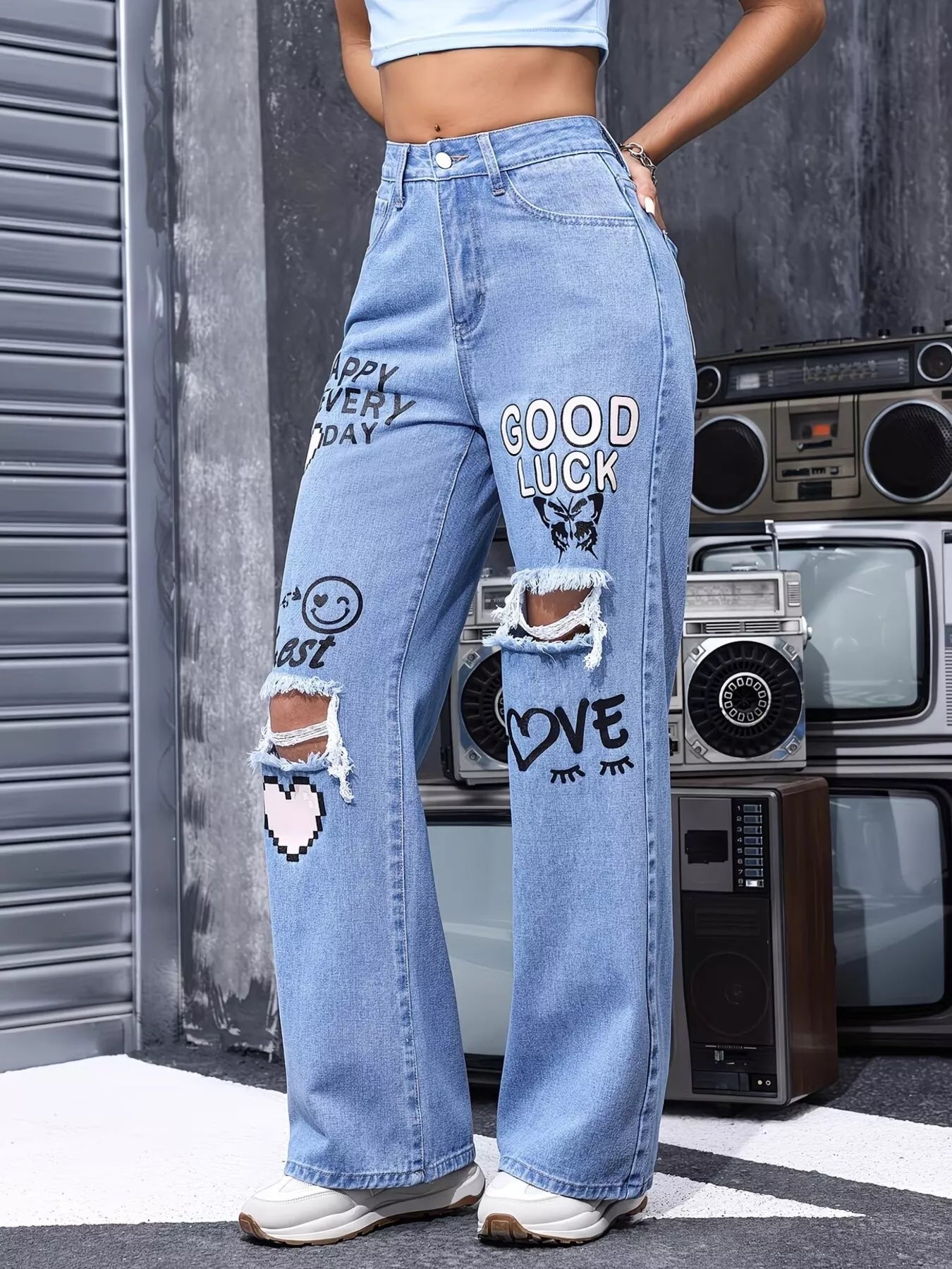 Distressed Printed Wide Leg Jeans