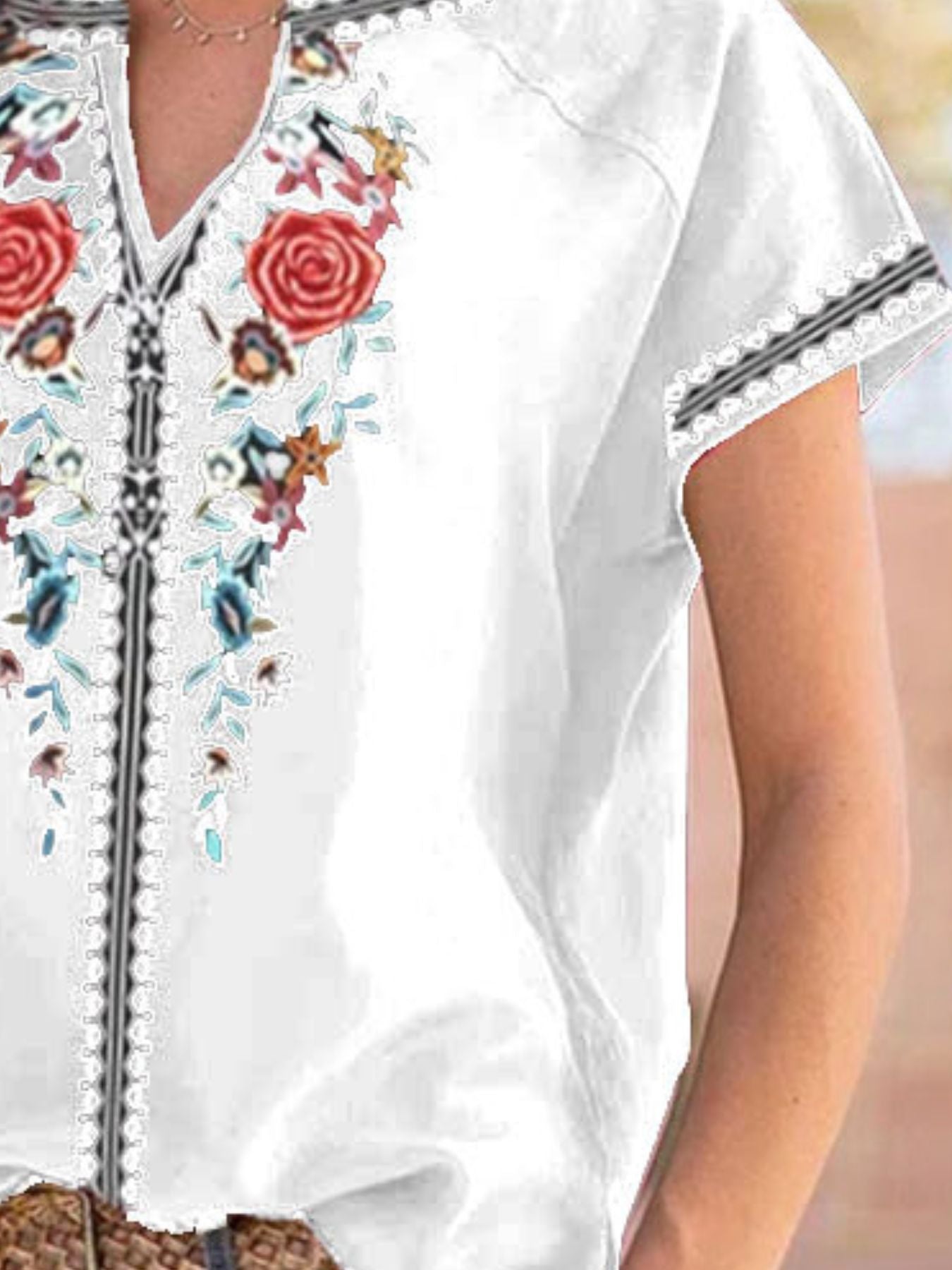 Full Size Floral Notched Short Sleeve Blouse Plus Size
