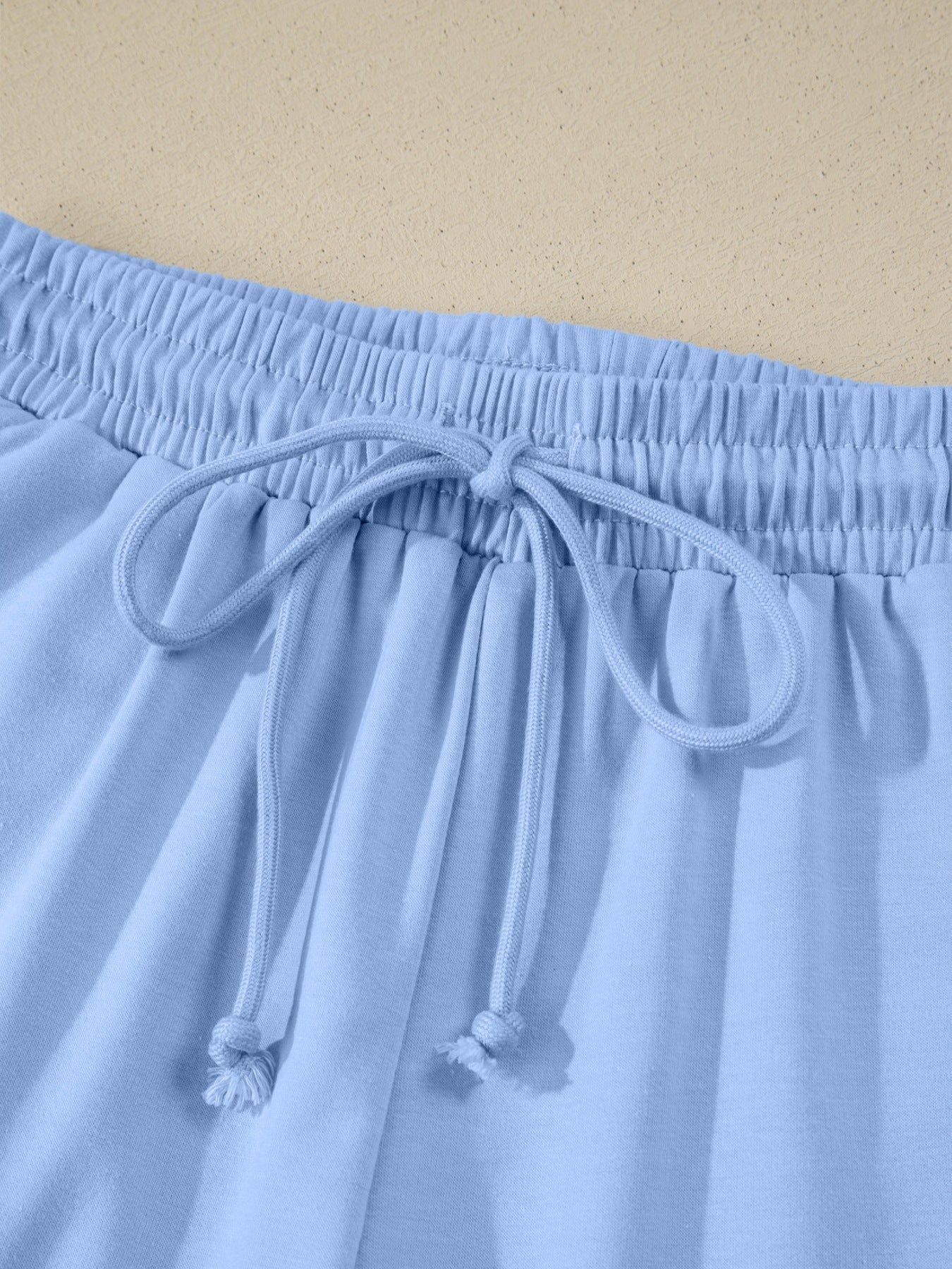 Collared V Neck Tee Drawstring Elastic Waist Shorts 2pcs Outfit