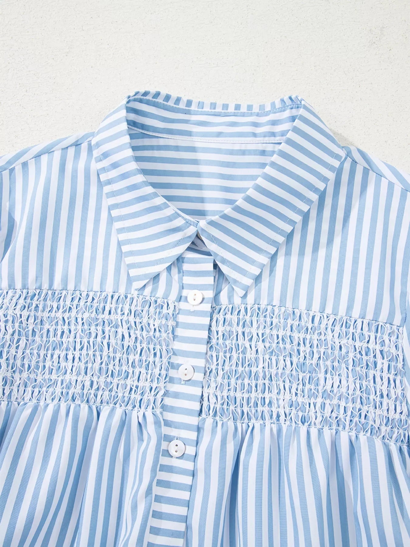Stripe Shirred Detail Half Placket Collared Long Sleeve Shirt