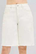 RISEN Slouchy Relaxed Floral Embroidered Bermuda Denim Shorts