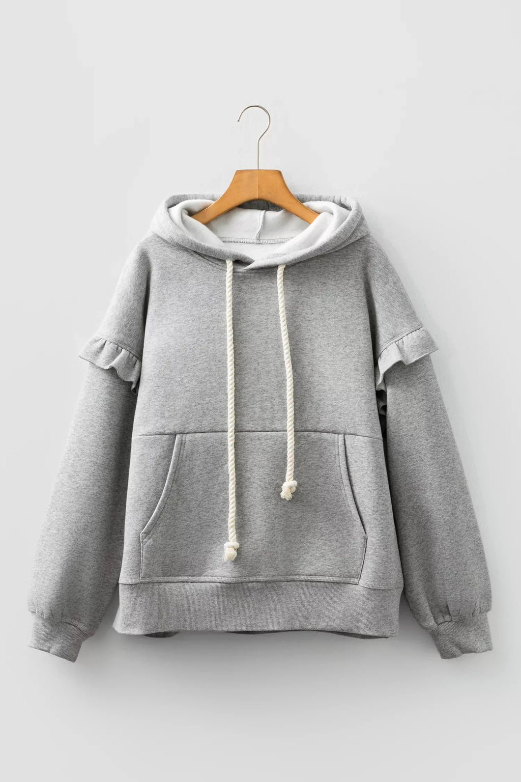 Contrast Rope Drawstring Ruffle Trim Drop Shoulder Baggy Hoodie