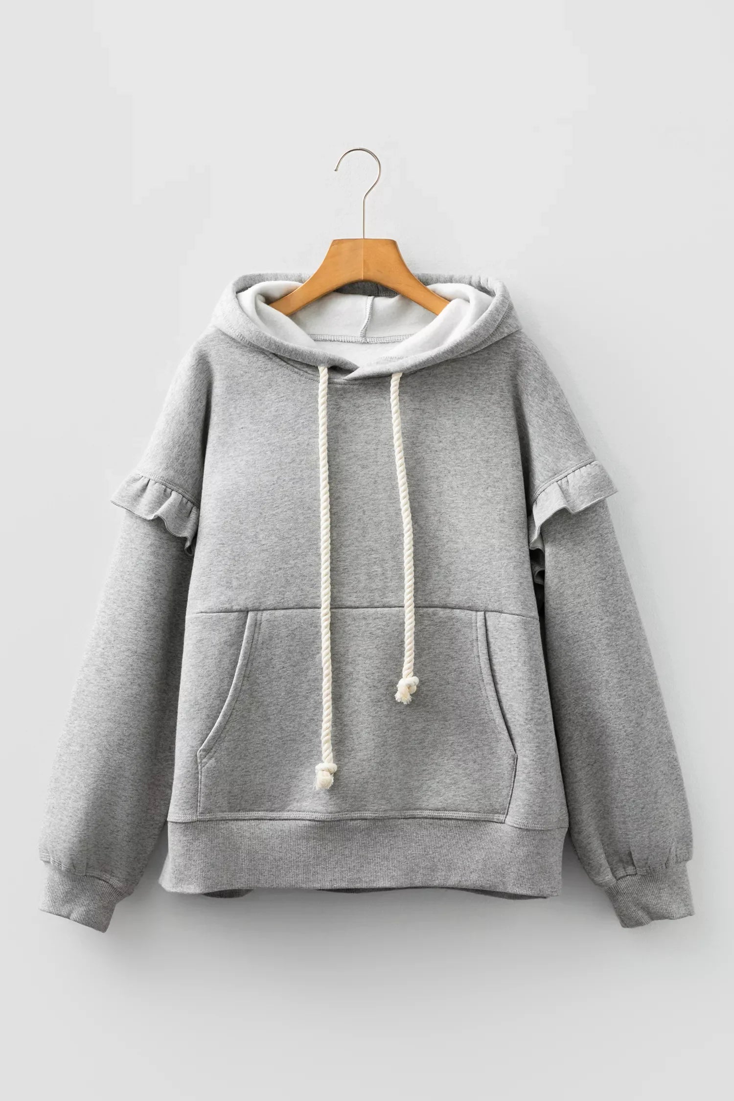 Contrast Rope Drawstring Ruffle Trim Drop Shoulder Baggy Hoodie