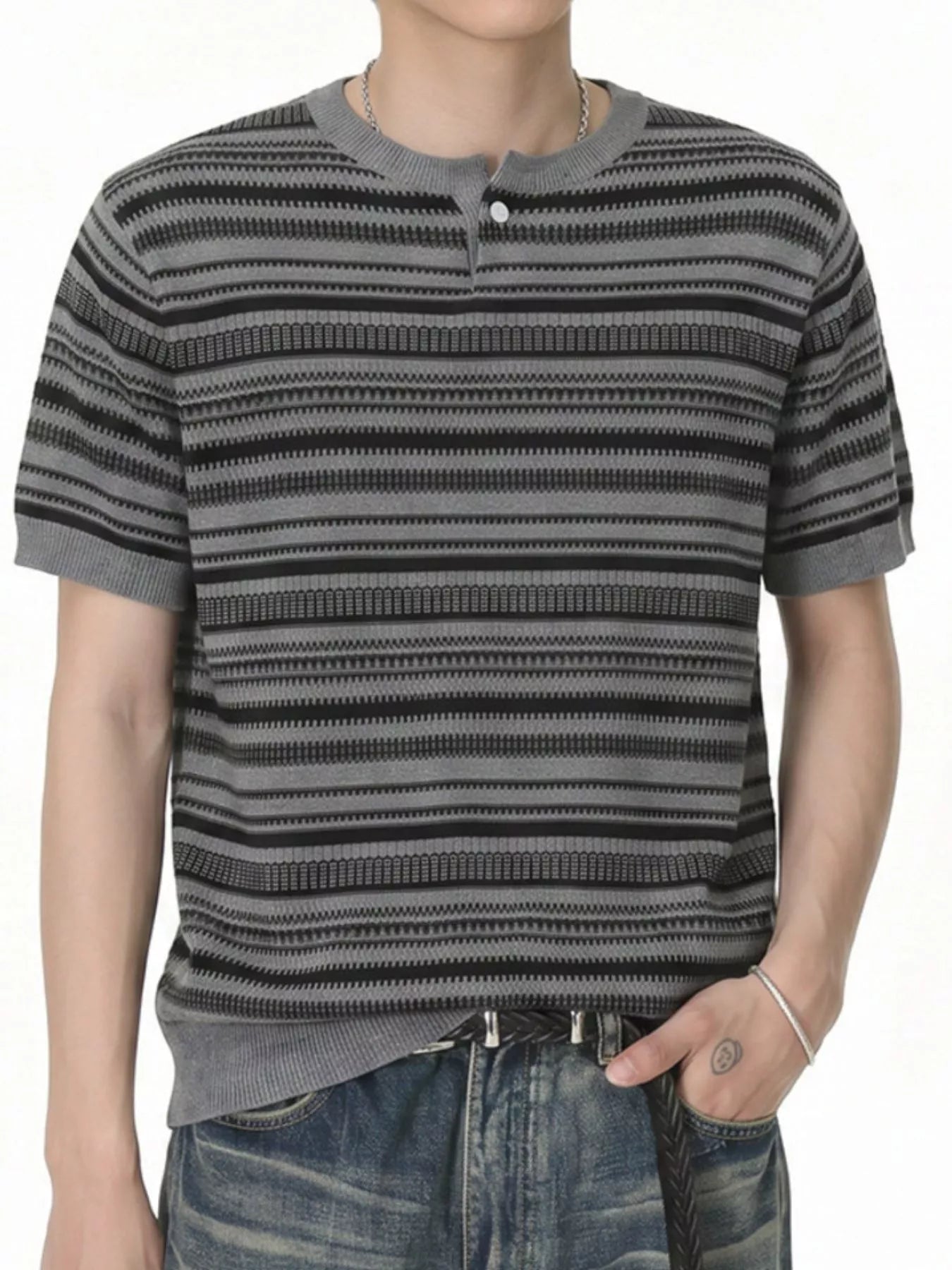 Men's Striped Knit Henley T-Shirt