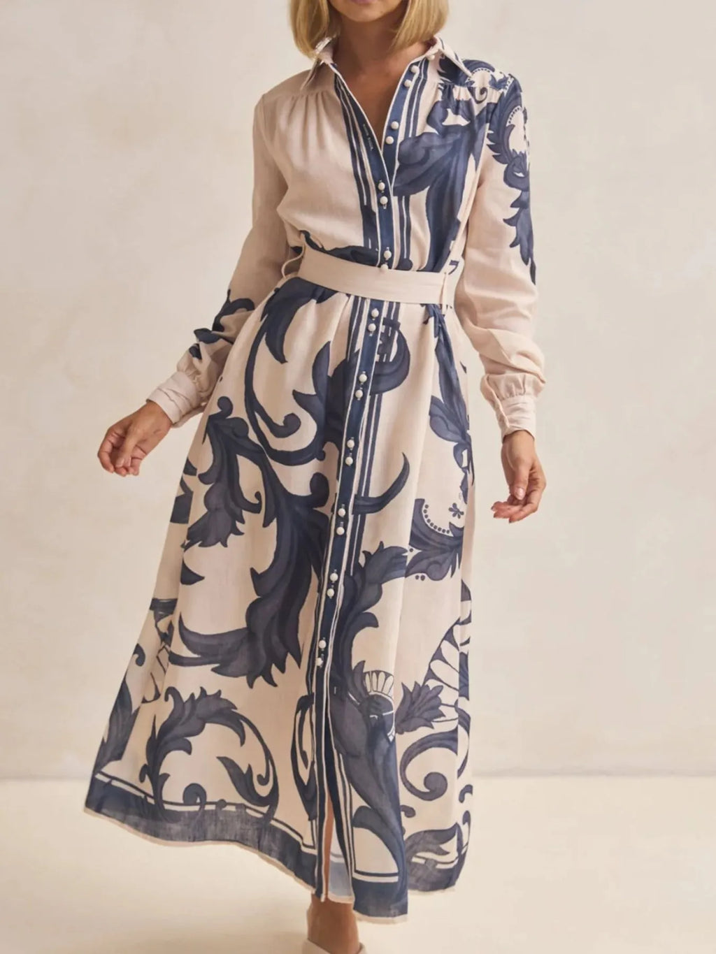 Printed Button Down Belted Shirt Dress