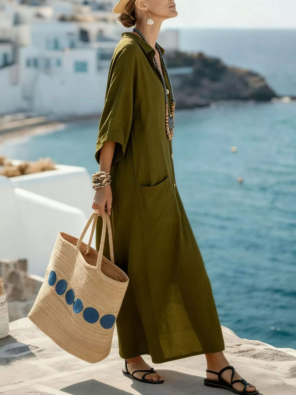 Button Front 3/4 Sleeve Maxi Dress