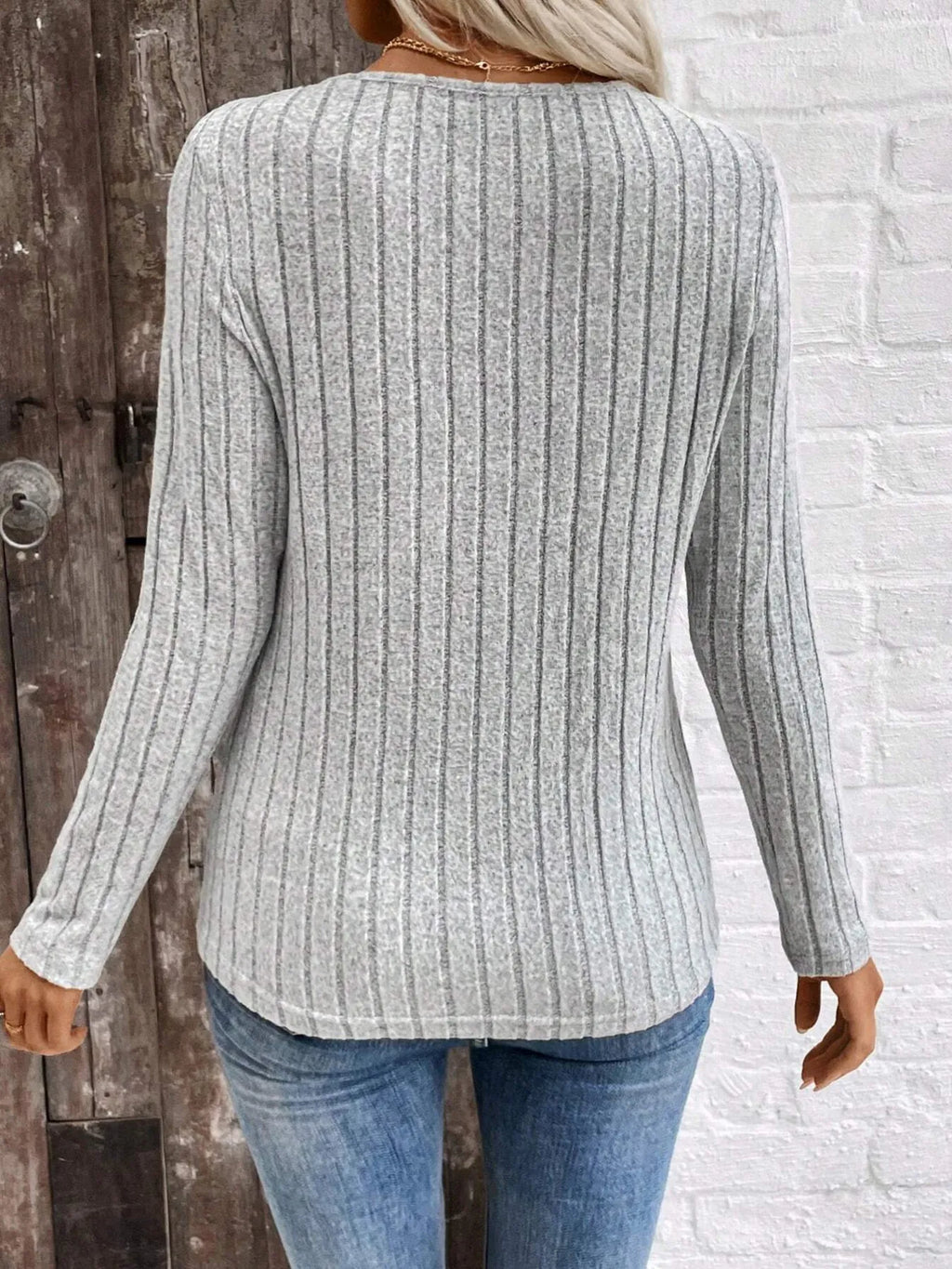 Ribbed V-Neck Long Sleeve Knit T-Shirt
