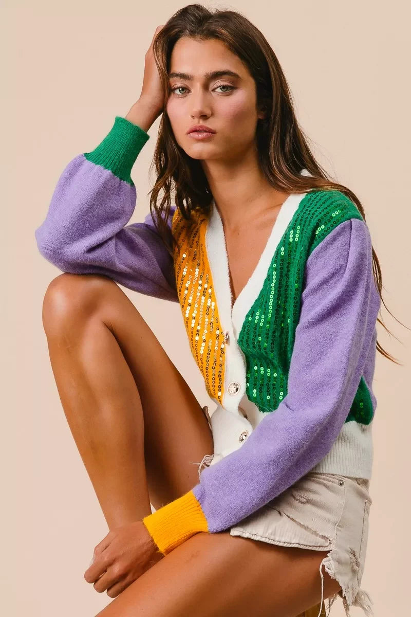BiBi Mardi Gras Color Block Sequin Sweater Cardigan