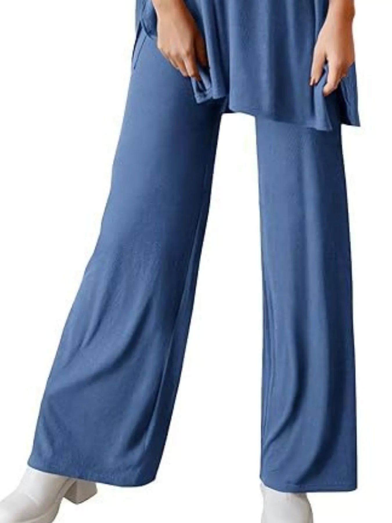 Slit Round Neck Top and Pants Set
