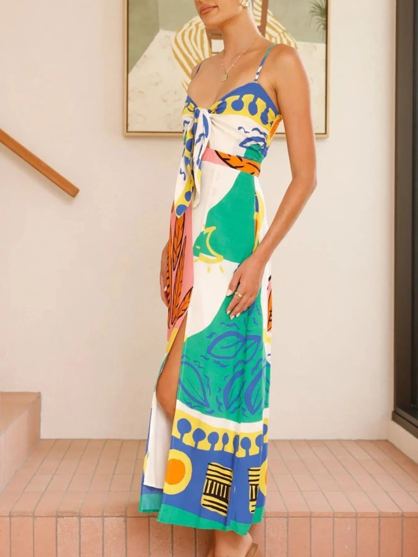 Tied Front Printed Slit Maxi Cami Dress