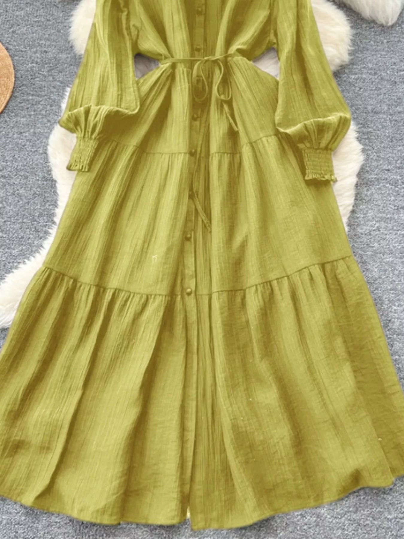 Button Down Tiered Long Sleeve Dress