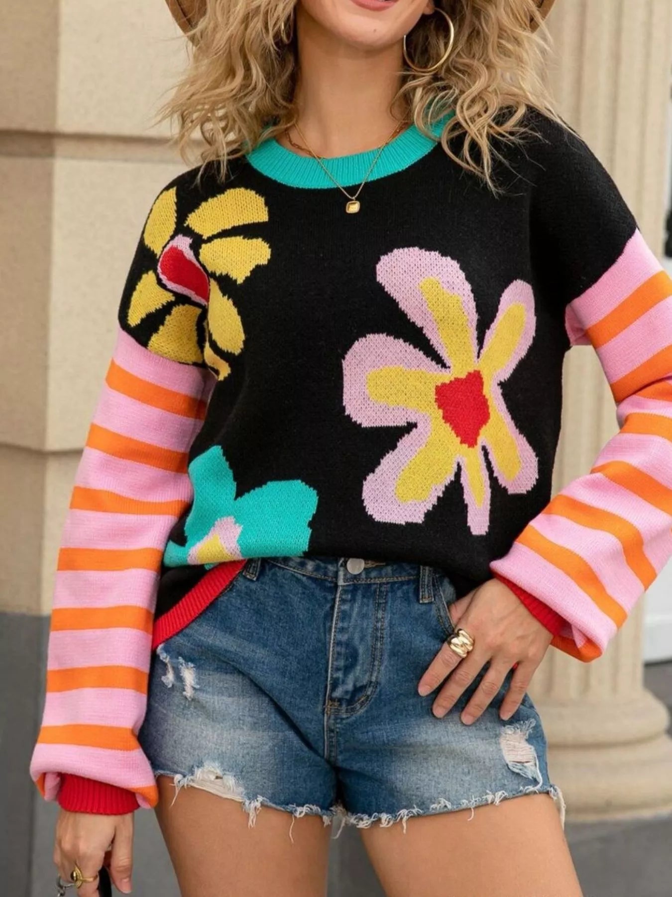 Floral Striped Crew Neck Sweater