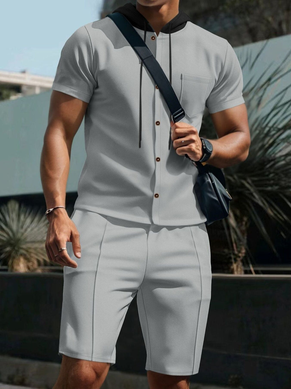 Men's Full Size Casual Hooded Top & Shorts Set Plus Size