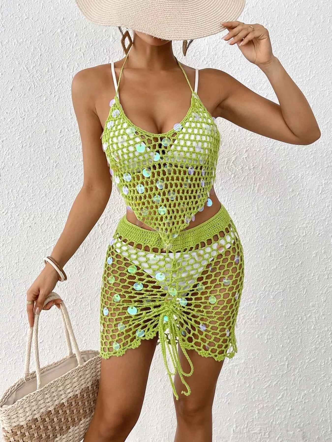 Halter Neck Crochet Knit Top and Skirt Cover Up Set