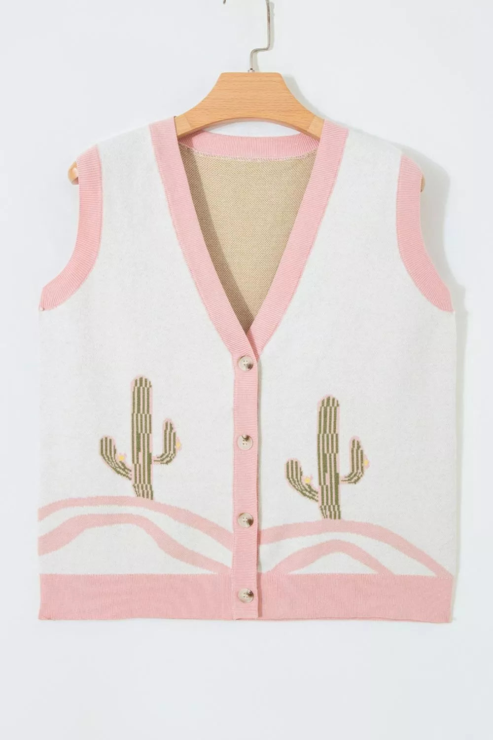 Color Block Trim Button Front Cactus Pattern Western Sweater Vest