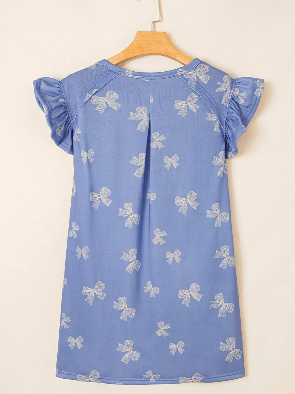 Bow Knot Print Crewneck Ruffled Sleeve Shift Mini Dress