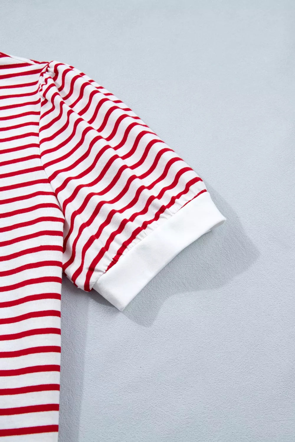 Stripe Contrast Trim Round Neck Short Puff Sleeve T Shirt