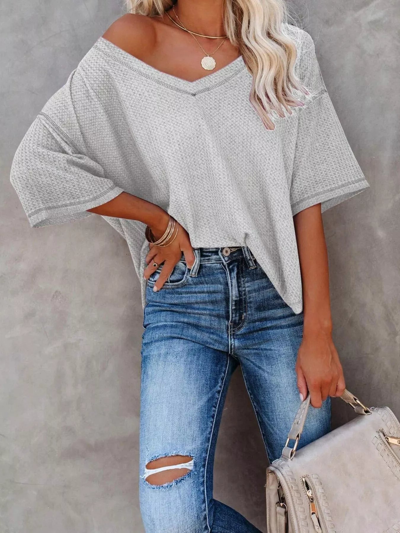 Waffle Knit V-Neck Short Sleeve T-Shirt