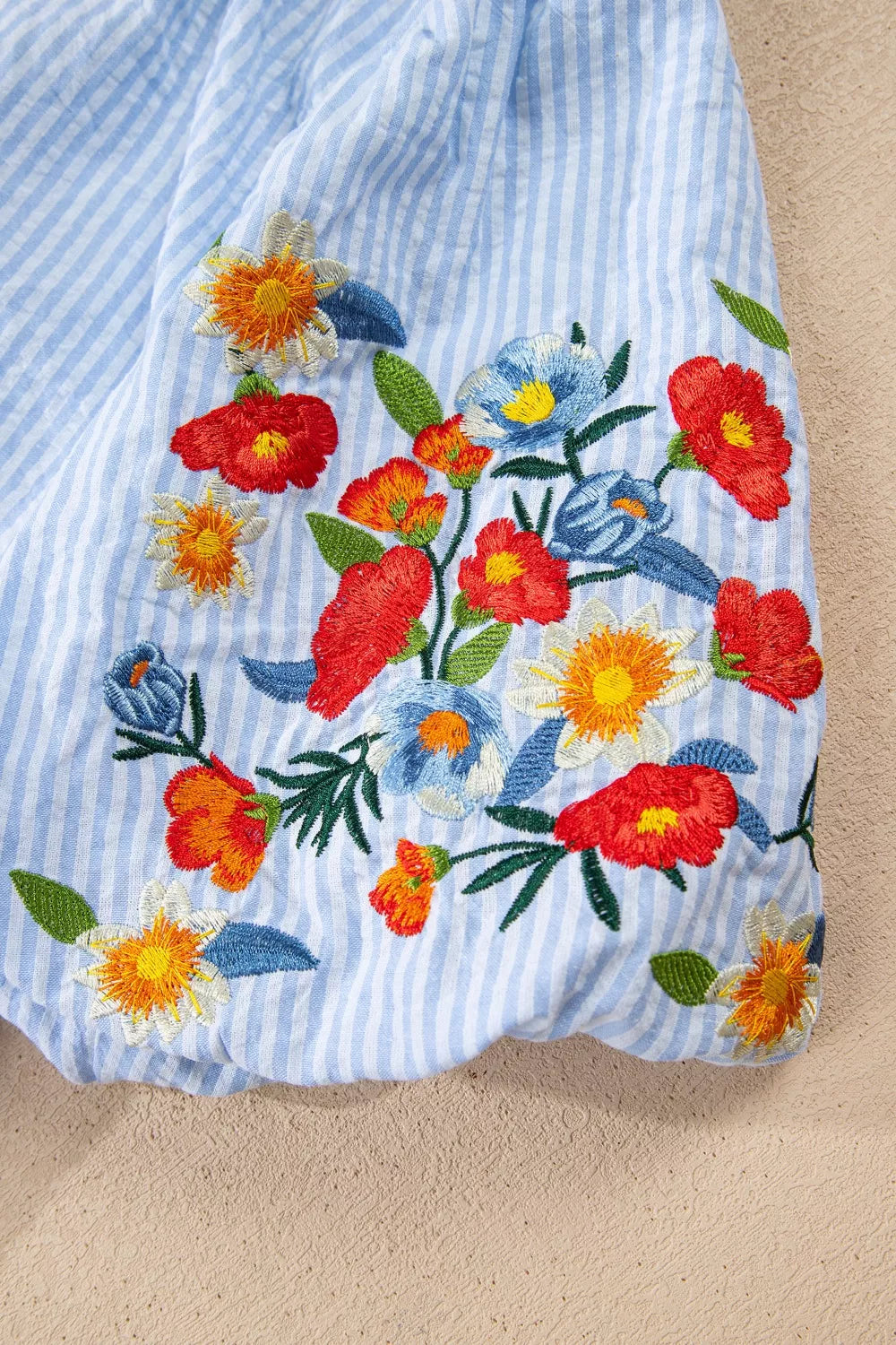 Stripe Floral Embroidered Puff Sleeve Ruffle Trim Shirt