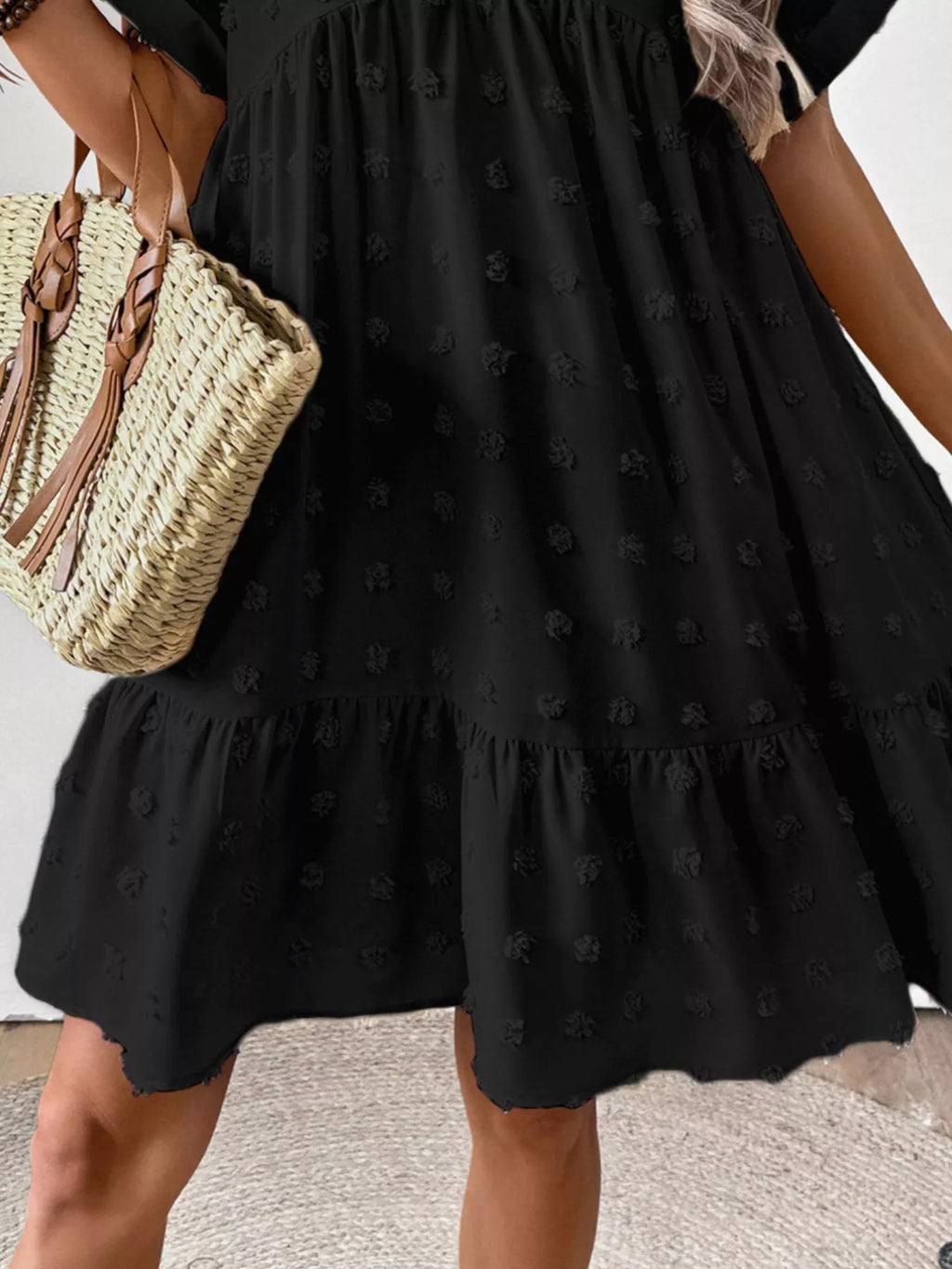 Swiss Dot V-Neck Tiered Mini Dress
