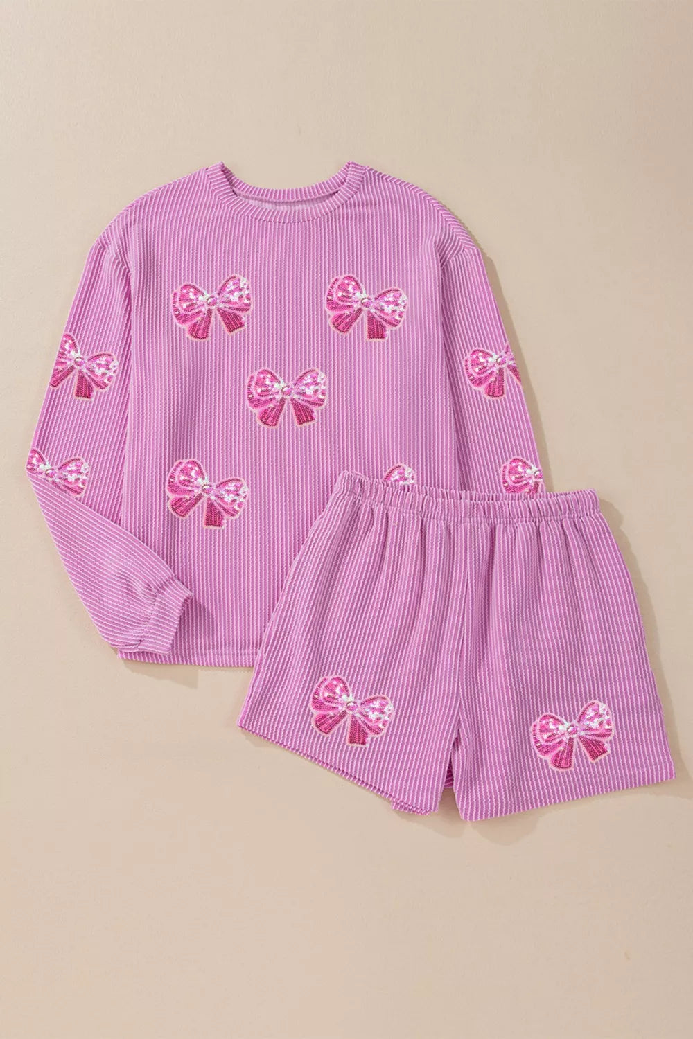 Corded Rib Sequin Bow Patched Long Sleeve Top and Shorts 2pcs Set