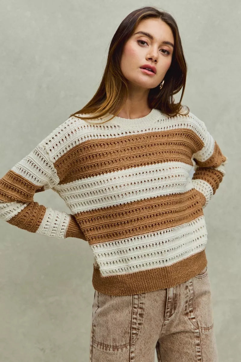 SO ME Openwork Round Neck Wide Stripe Textured Sweater