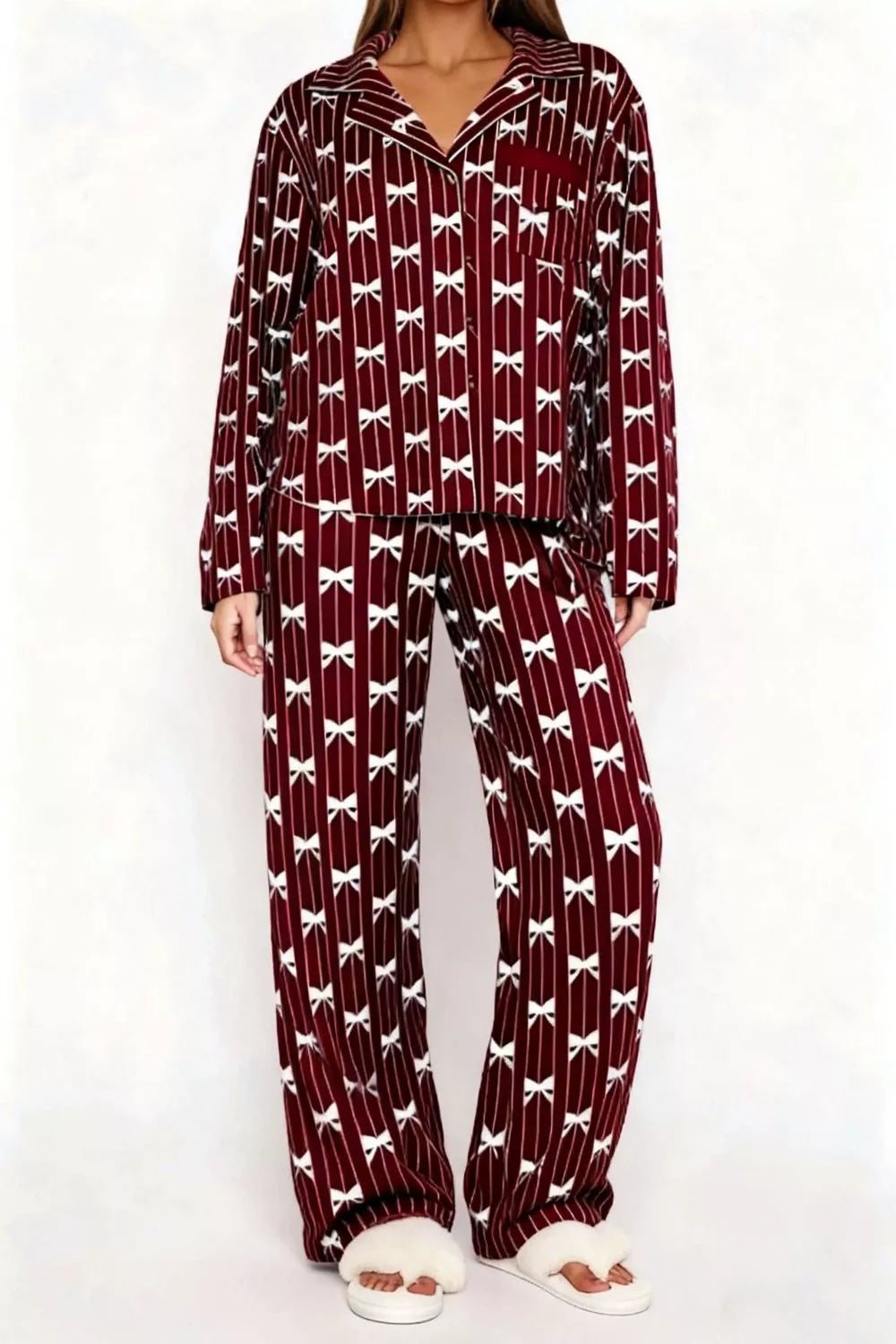 Bow Print Top and Wide Leg Pants Lounge Set