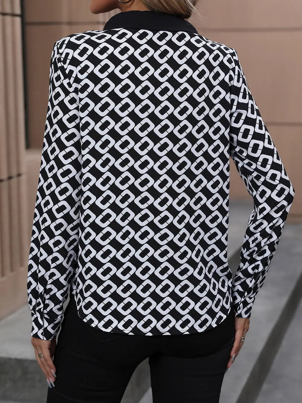 Perfee Printed Collared Neck Long Sleeve Shirt