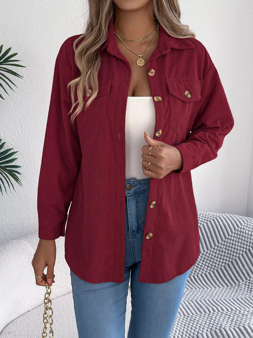 Casual Corduroy Button-Up Shacket