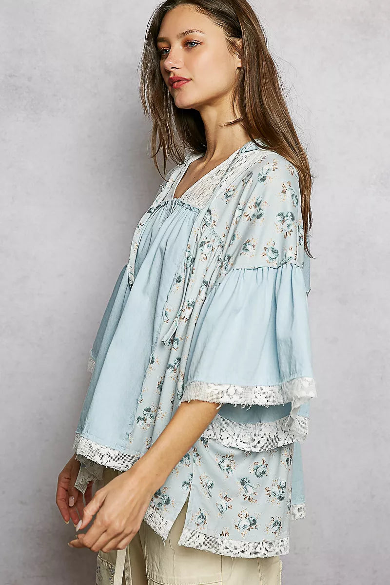 POL Double Gauze Floral Patch Blouse with Lace Detail
