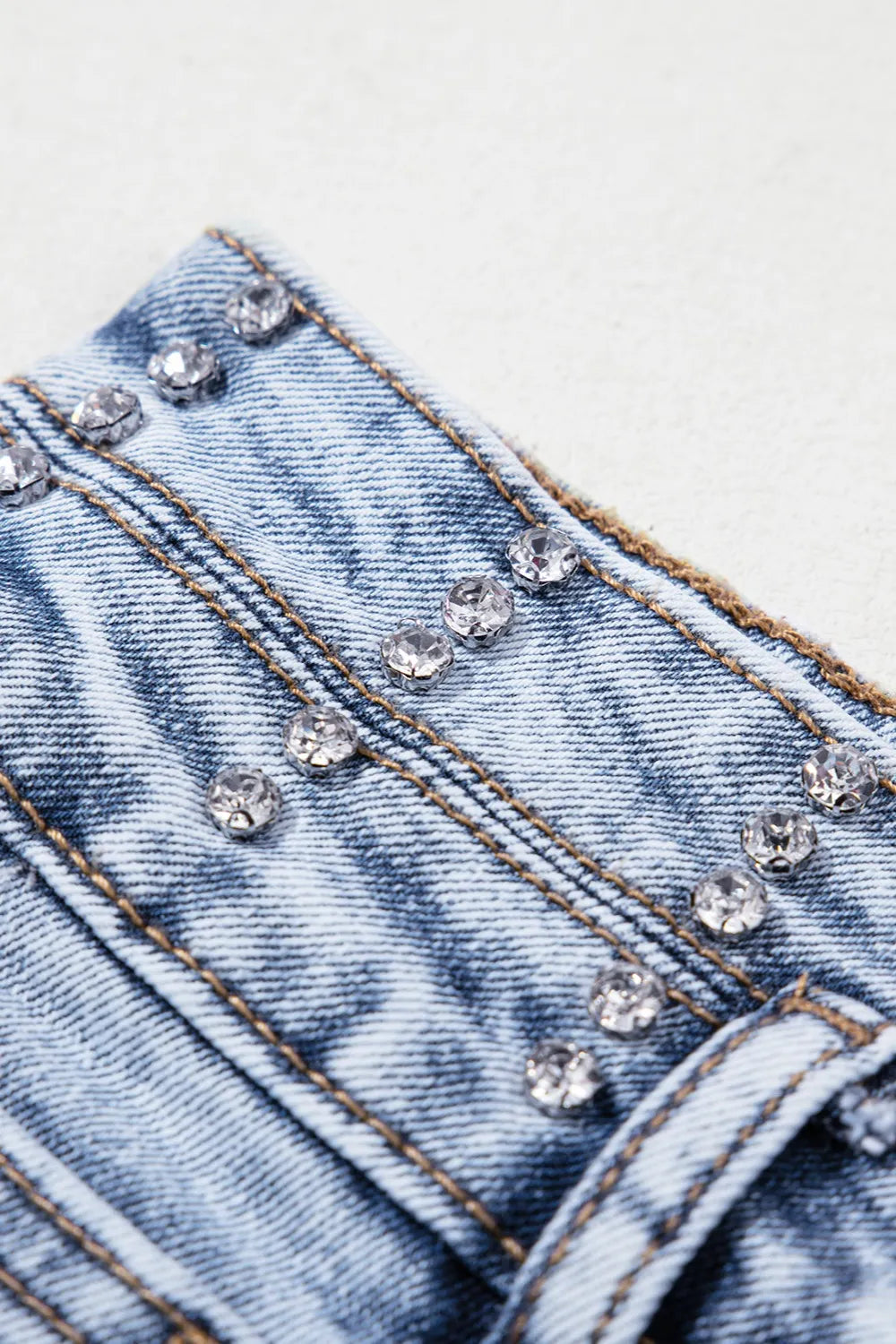 Rhinestone Light Wash Raw Hem High Waist Denim Shorts