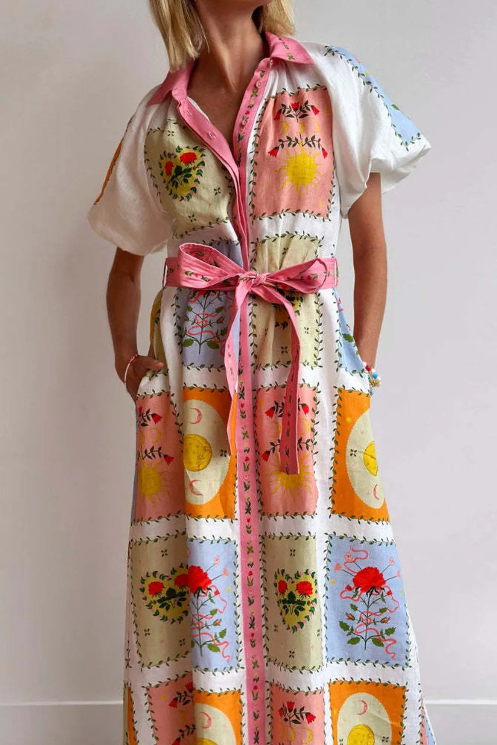 Printed Short Sleeve Belted Maxi Dress