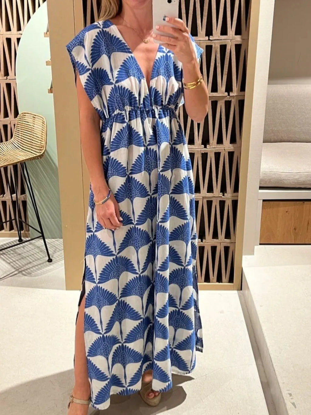 Slit Printed V-Neck Cap Sleeve Maxi Dress