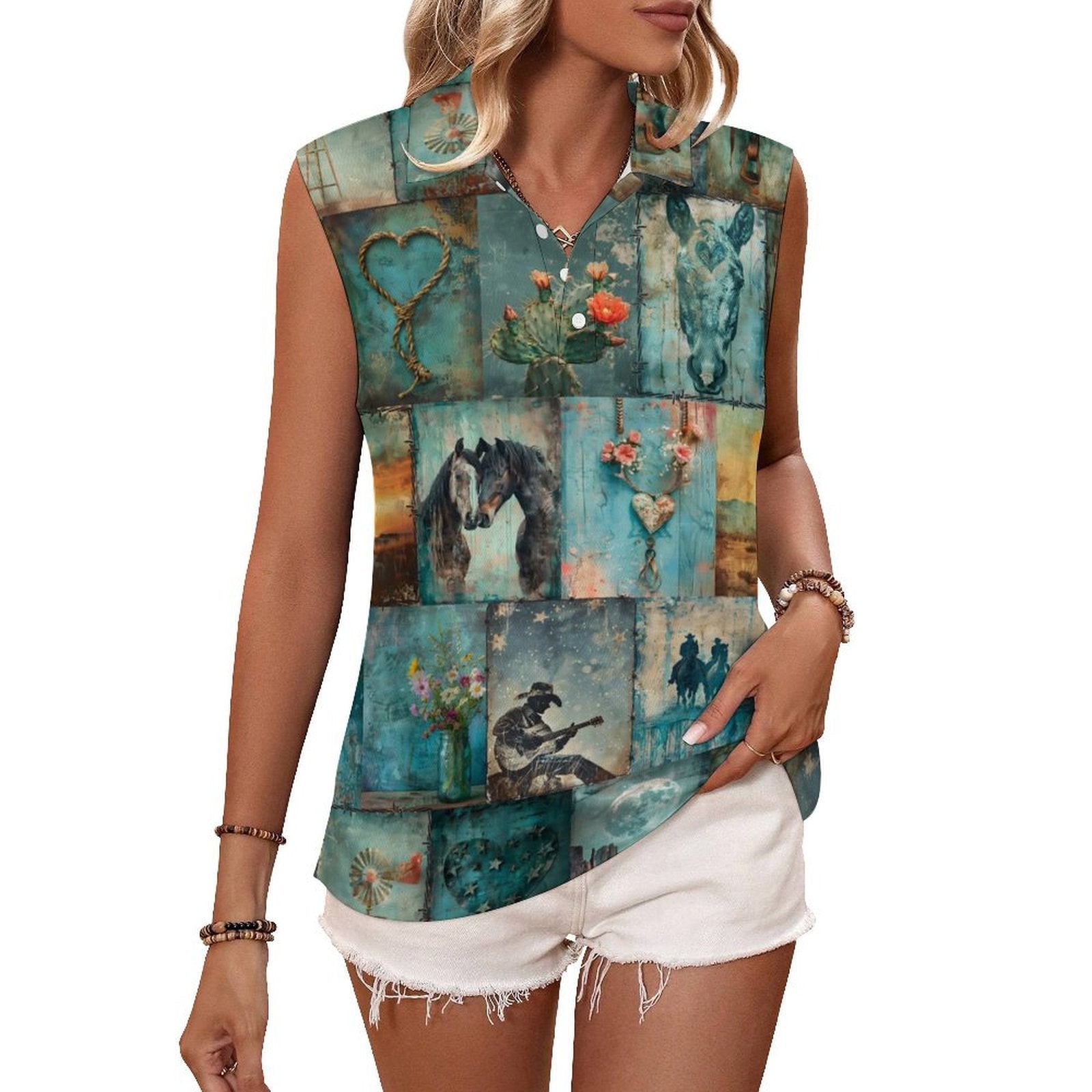 Baha Ranch Turquoise Dreams Sleeveless Polo Tank Top