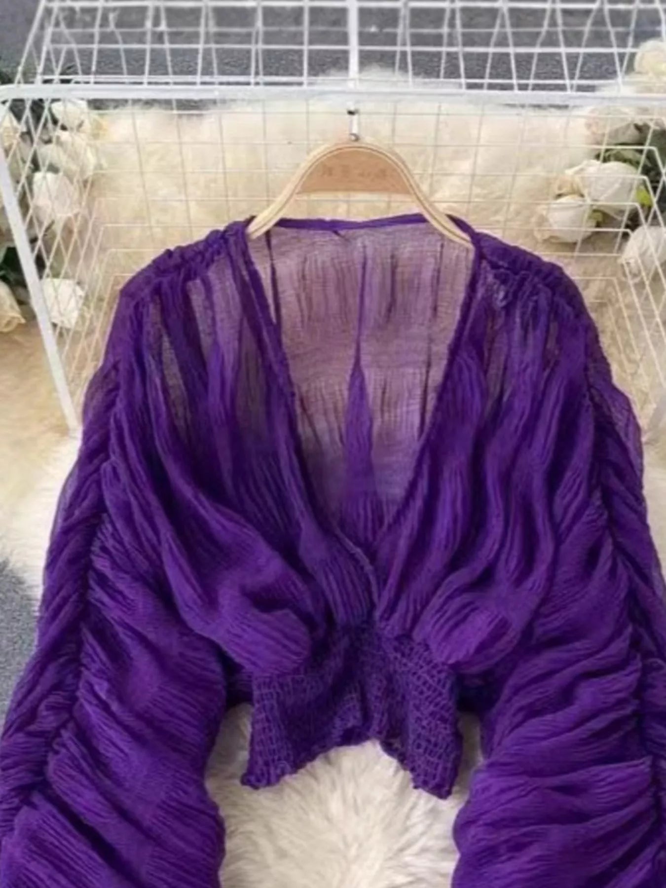 Smocked Ruched Long Sleeve Blouse