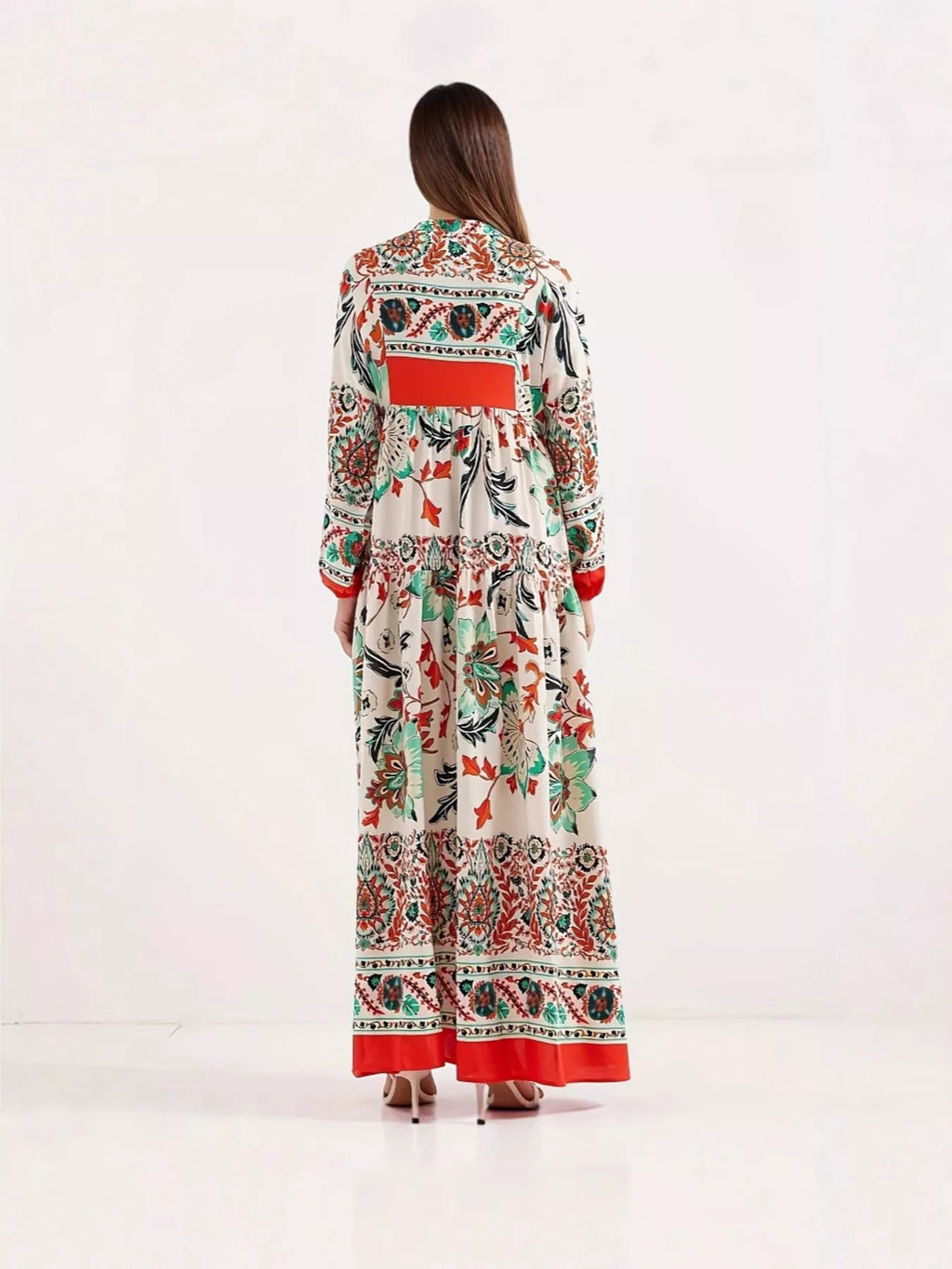 Printed Notched Long Sleeve Maxi Dress