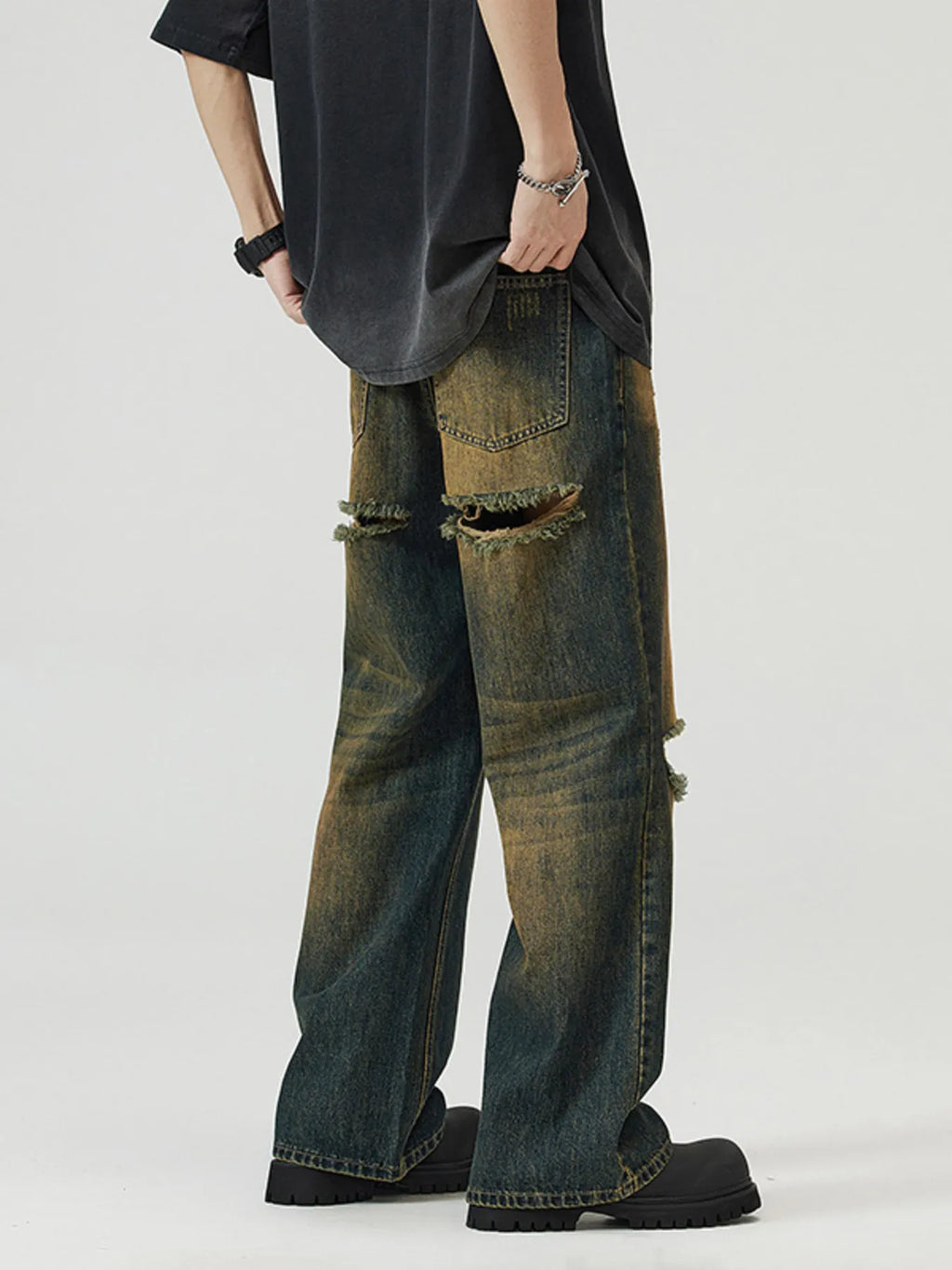 Men's Full Size Washed Distressed Wide Leg Jeans Plus Size