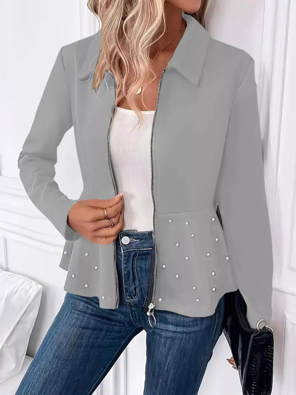 Pearl Embellished Zip-Up Peplum Outerwear