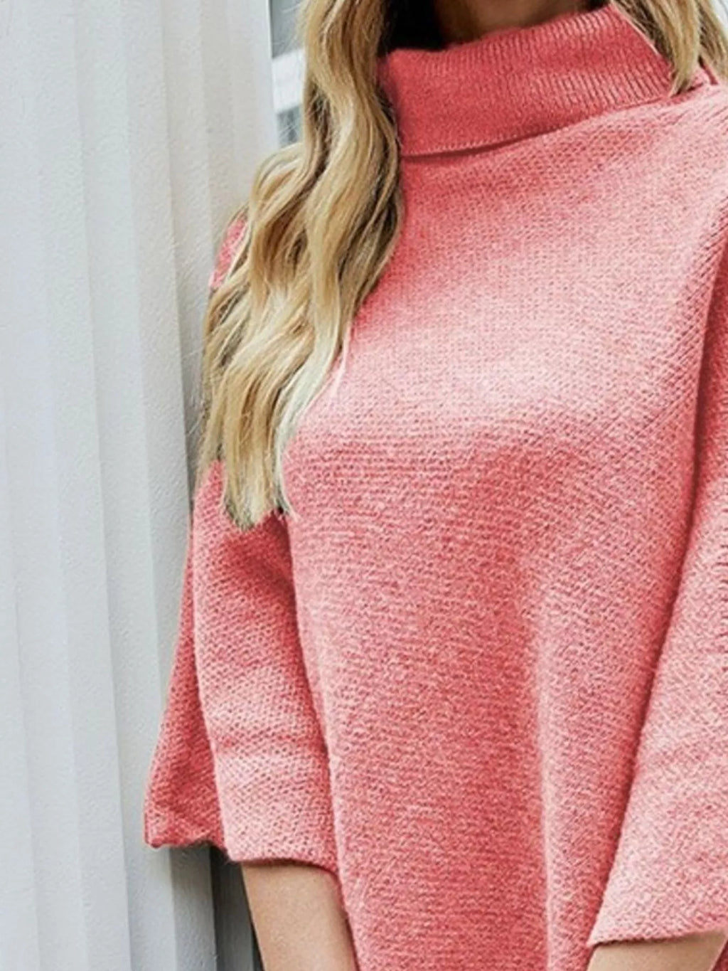 Button-Decor Turtleneck Poncho Pullover