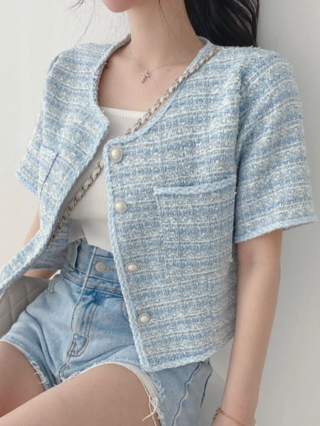 Pearl Button Short Sleeve Tweed Outerwear