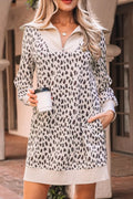 Leopard Print Zip up Collar Patchwork Shift Mini Dress