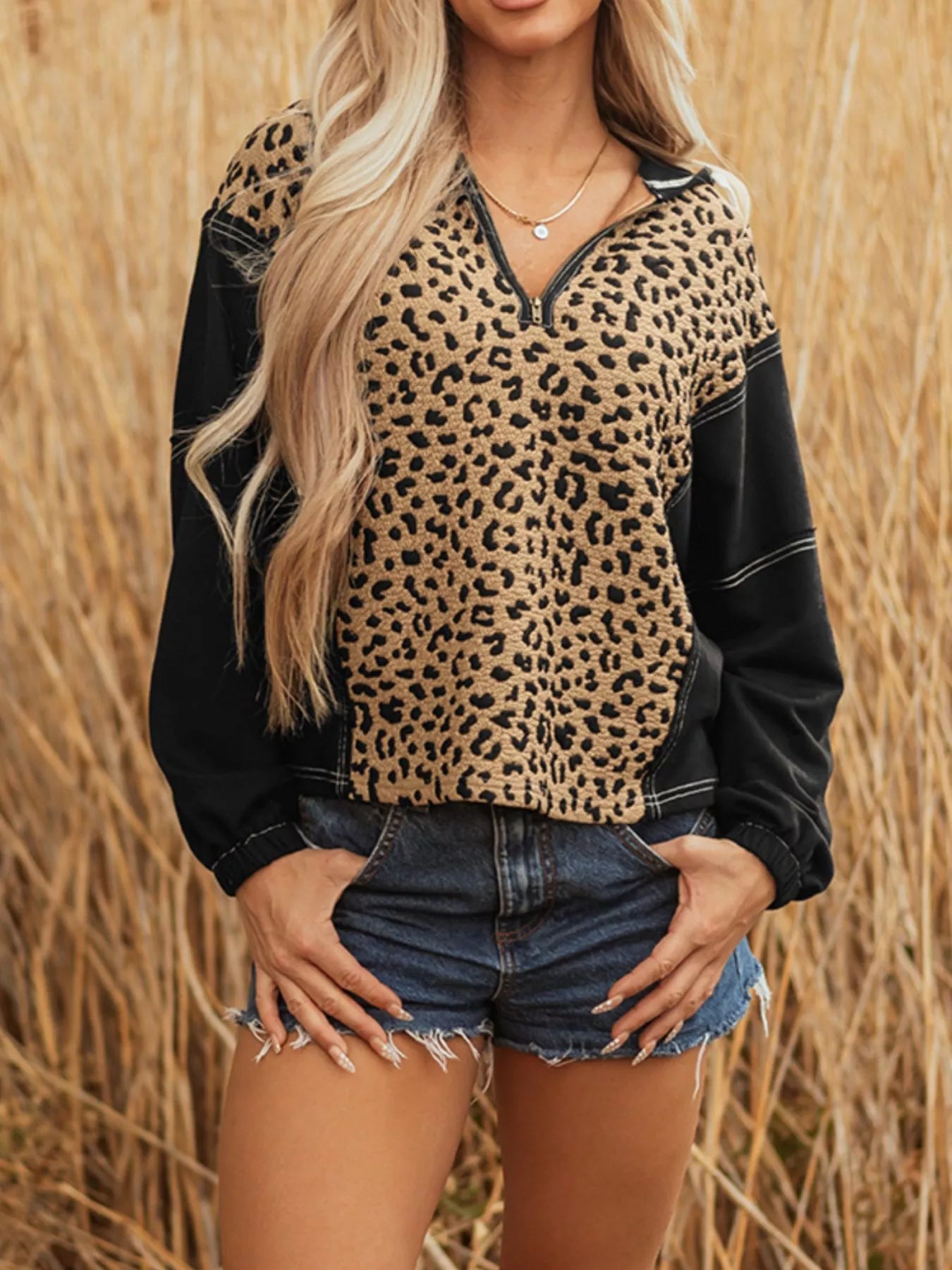 Leopard Patchwork Contrast Stitching Knotted Cuff Quarter Zip Hoodie