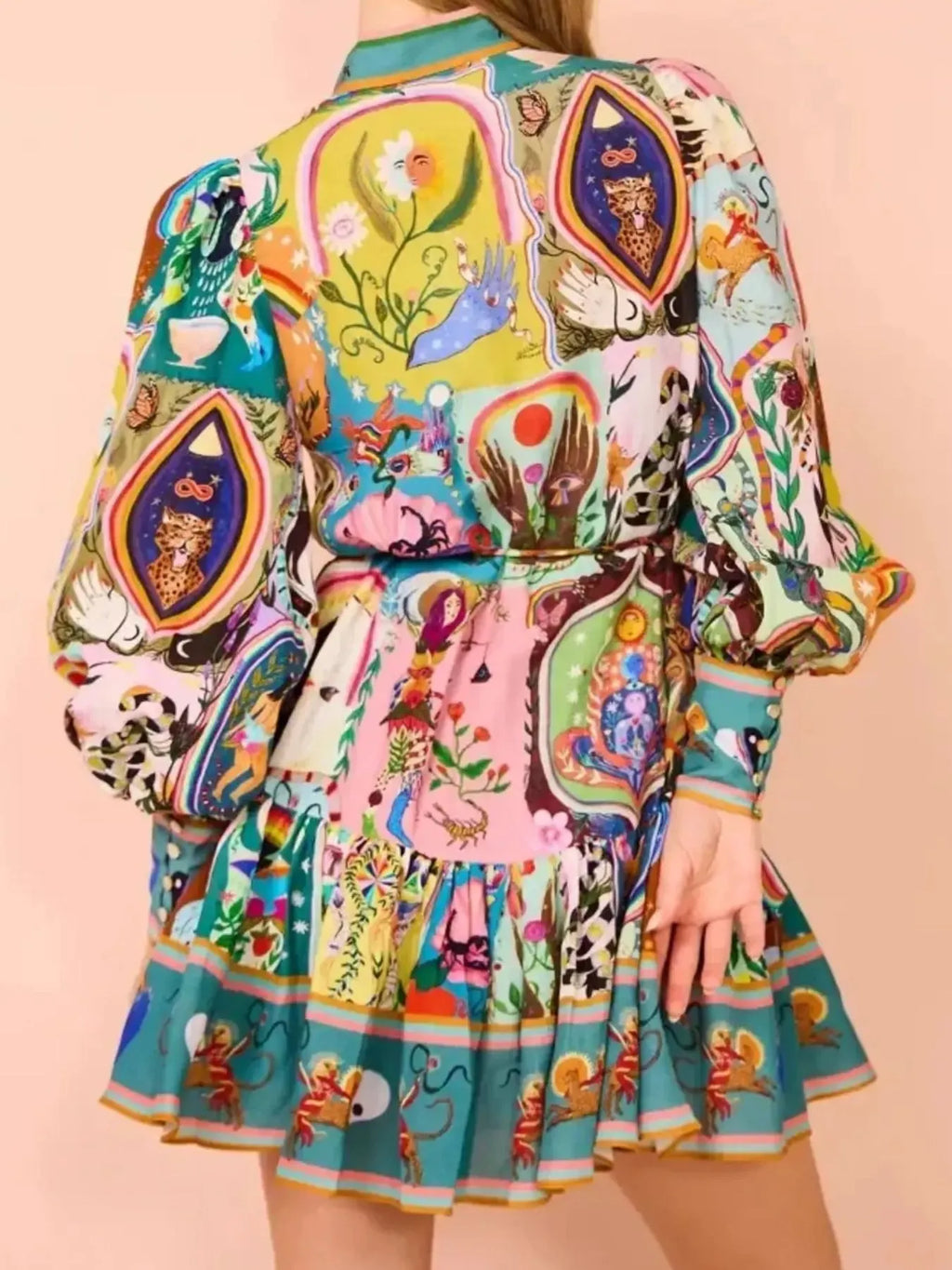 Printed Long Sleeve Mini Dress with Belt