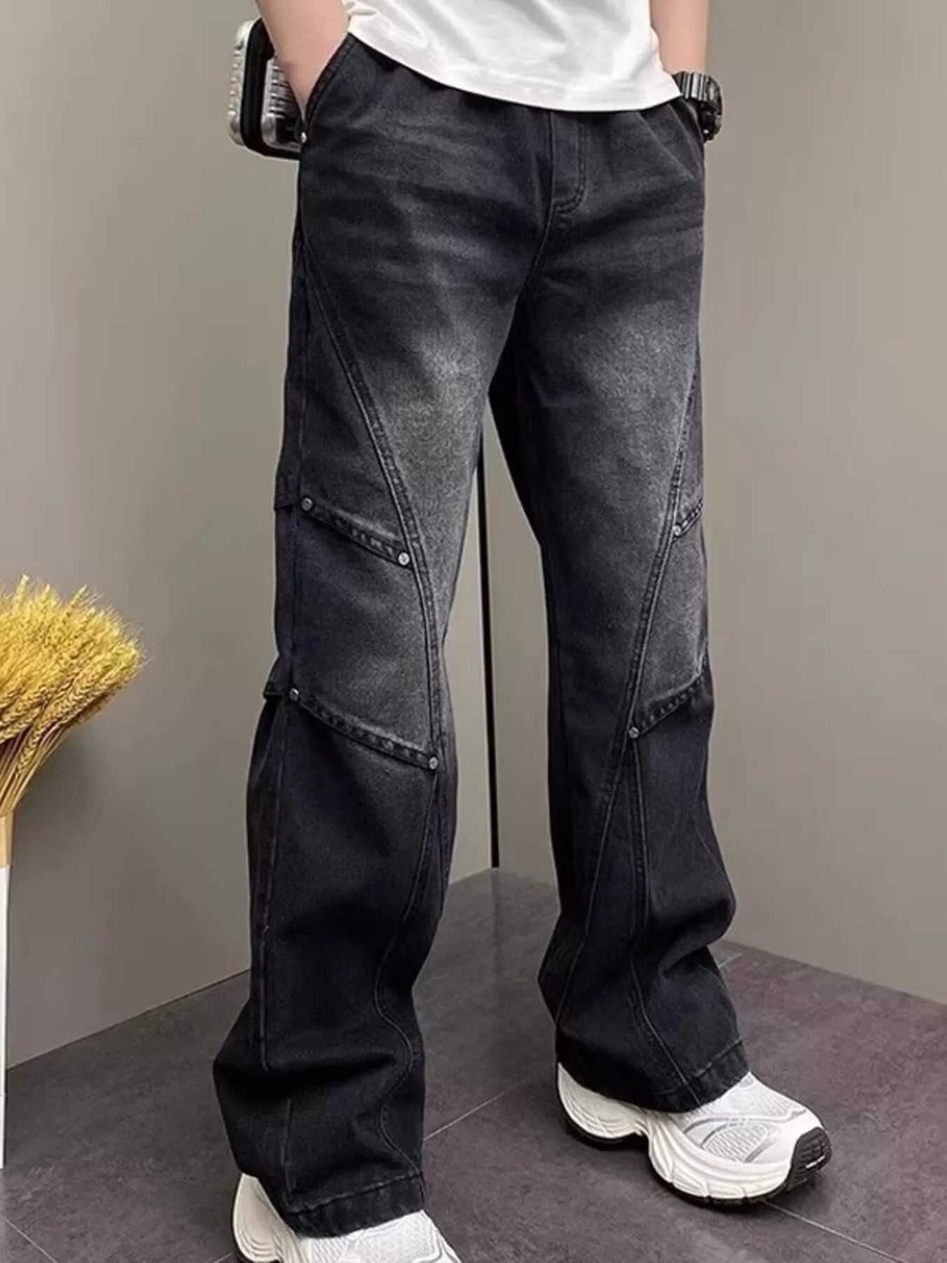 Men's Full Size Vintage Wash Wide Leg Jeans Plus Size